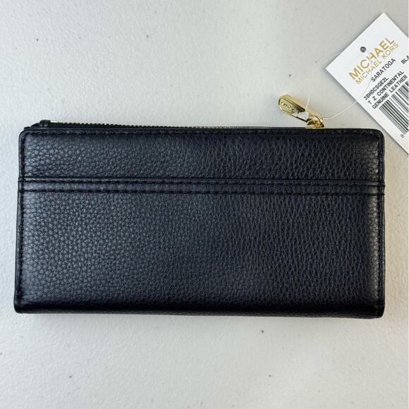 MK Michael Kors Saratoga Continental Wallet Black Pebble Leather Gold Nameplate - Picture 3 of 8